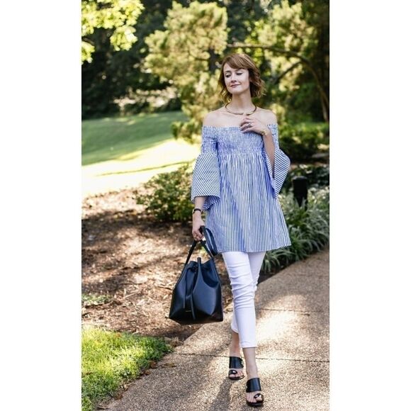 Zara Off Shoulder Striped Summer Bell Sleeve Dress - Picture 8 of 14